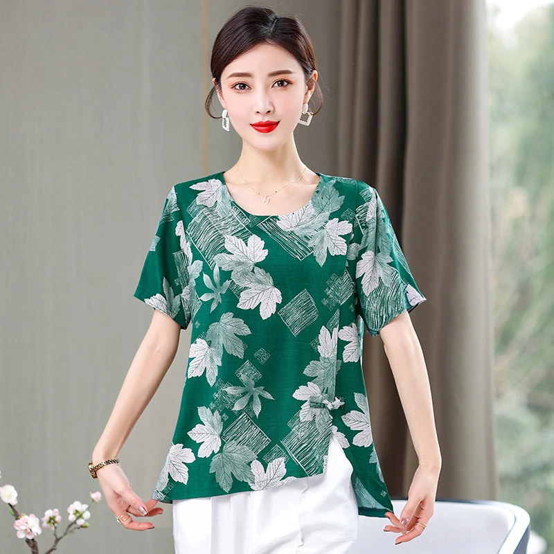 

Sweet Short Sleeve tops Women Top Cotton irregular print Ladies Office Shirts 6XL Boho Summer Clothing