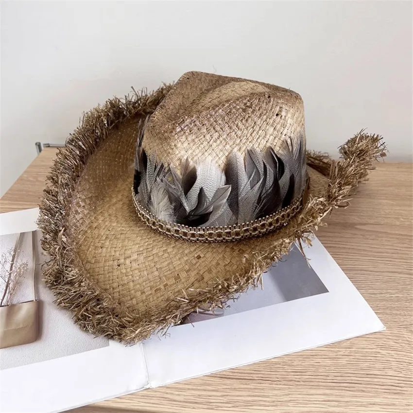 2F040A summer western cowboy raffia grass Stetson Holiday Feather  Decoration fedoras hat Outdoor men women panama jazz cap - AliExpress