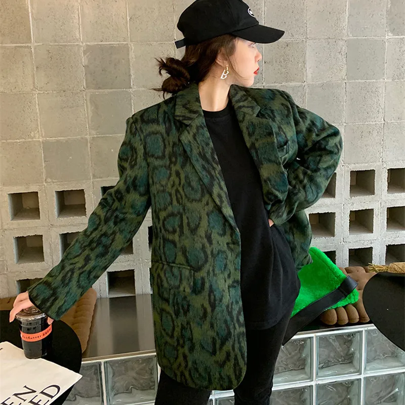 

Spring Women Green Snake Wool-clothes Blazer Streetwear Notched Collar Long Sleeve Female Casual Woolen Outerwear Chaqueta Mujer