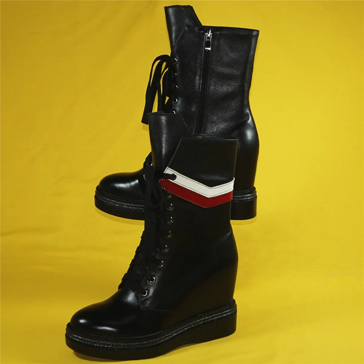 Party Pumps Shoes Women Lace Up Genuine Leather Wedges High Heel Vulcanized Shoes Female High Top Fashion Sneakers Casual Shoes