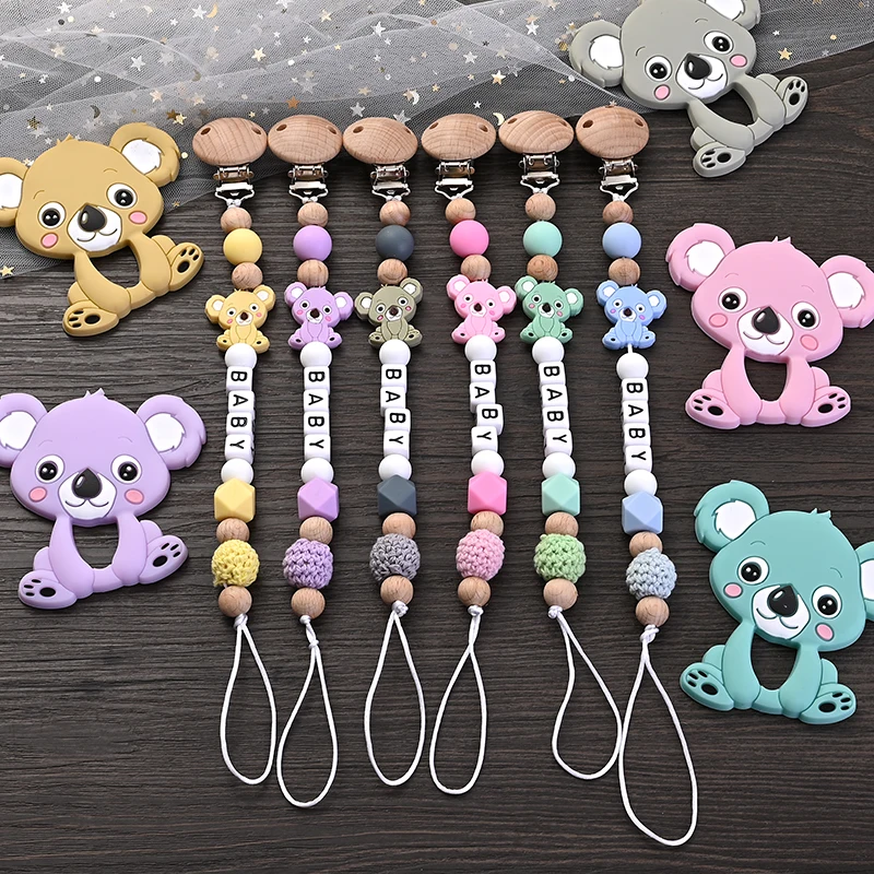 

Baby Personalized Name Pacifier Chain Food Grade Cartoon Animal Teether Set For Baby Wooden Nipple Clip Silicone Teething Chain