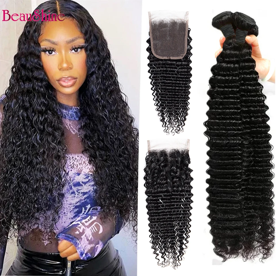 

Deep wave bundles with closure Brazilian deep curly human hair weaves with 4x4 lace closure Nature Black