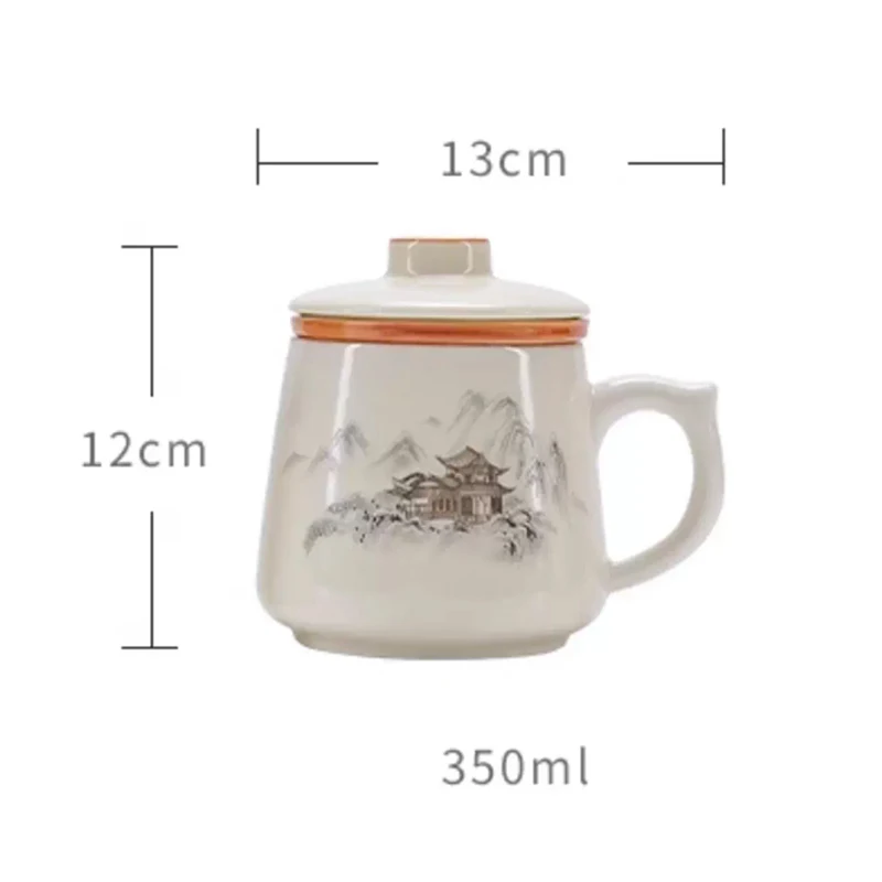 Chinese Style Ceramic Cartoon Floral Pattern Mug, Personal Creative Teacup, With Cover Filtered Tea Water Separation, 350ml, 1Pc