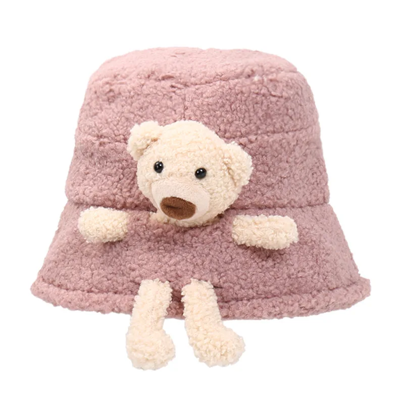 Fashion Women Men Winter Faux Wool Bucket Hat Lovely Cartoon Bear Pattern Printed Wide Brim Warm Panama Fisherman Cap for Women