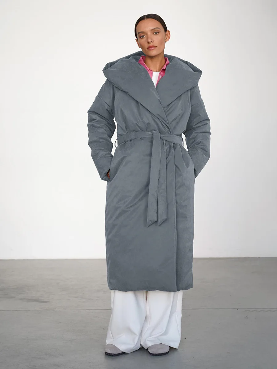 Bornladies Solid Color Extended Retro Parkas 2025 Winter New Women's Belt Warm Hooded Cotton Jacket Coat