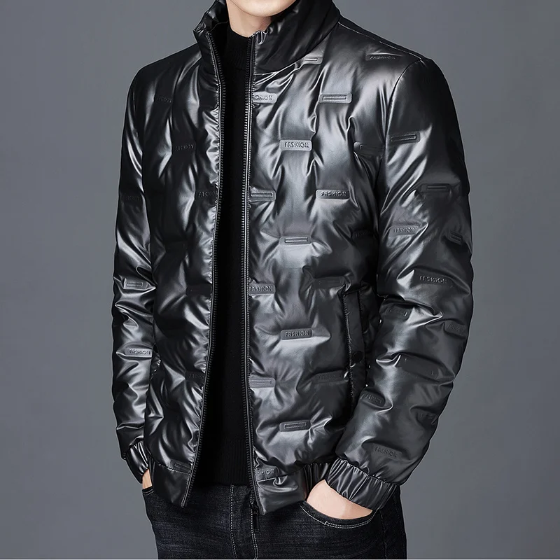 

Men's Bright Leather Fashion Down Jacket winter new Casual Stand Collar Short Men's White Duck Down Jacket grey blue black
