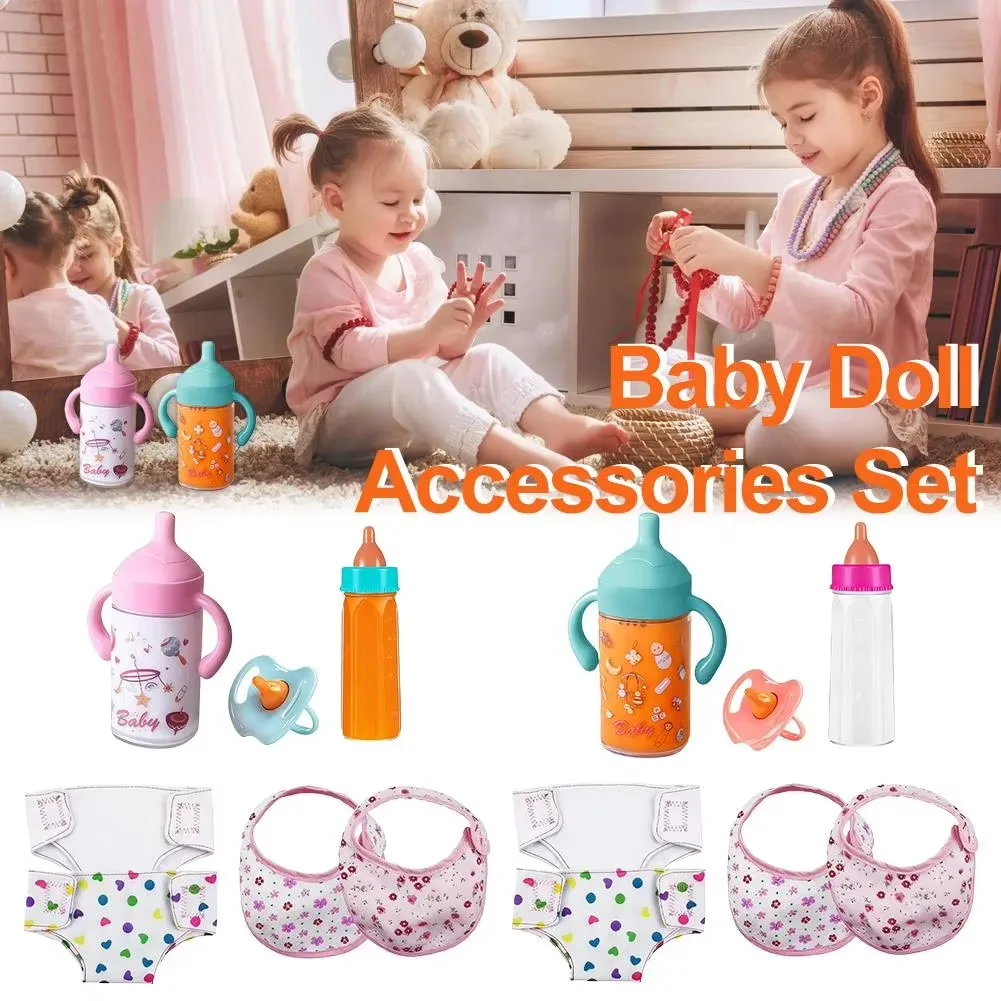 Baby Doll Accessories Set 7Pcs Feeding Caring Set Disappearing Bottles Pacifier Diapers Bibs Doll Milk Bottles Pretend Play Gift - 4