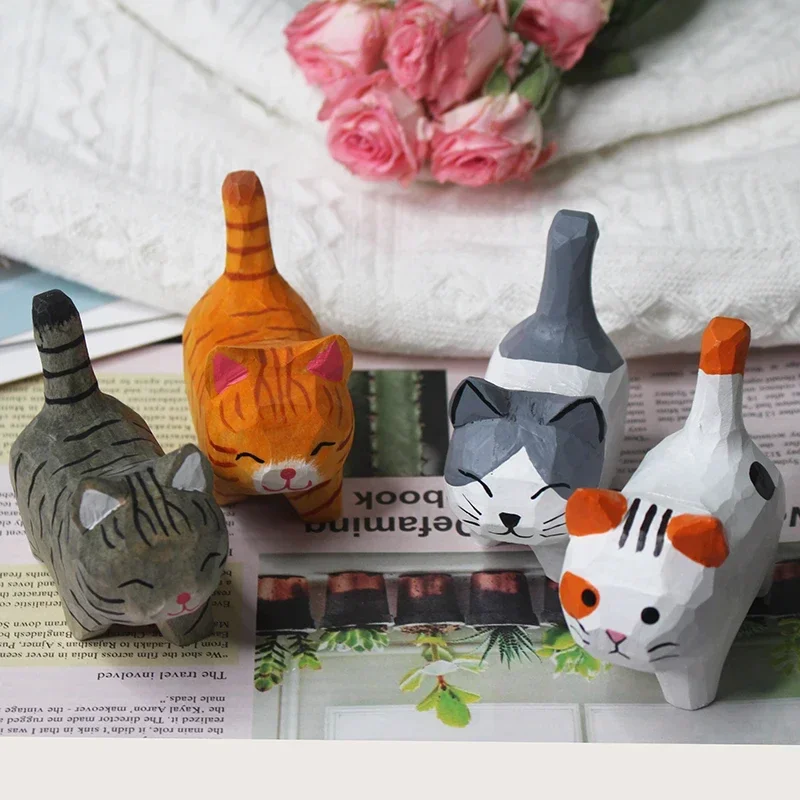 Handmade Wood Carving Kitten Ornaments Small Animal Creative Desktop Wood Cat Decoration Crafts