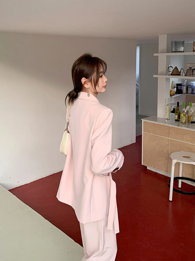 Large size Women Design Blazer and pants Elegant Pink Long sleeve Sashes jacket Office lady 2 Piece set 2023 Autumn INKEO 3O080