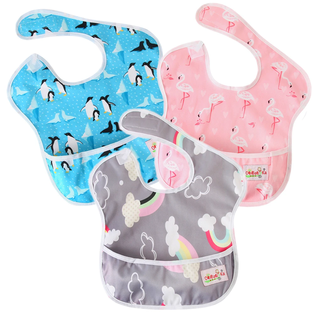 Ohbabyka infant baby girl clothes accessories one size fits all waterproof reusable baby feeding bibs with pocket