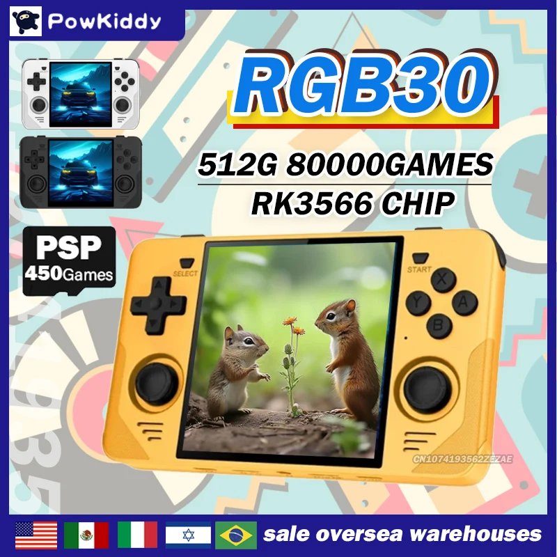 POWKIDDY 레트로 핸드헬드 게임 콘솔, 720x720 4 인치 Ips 화면 내장 와이파이, RK3566, 오픈 소스 레트로 포켓, 512G80000 게임, RGB30