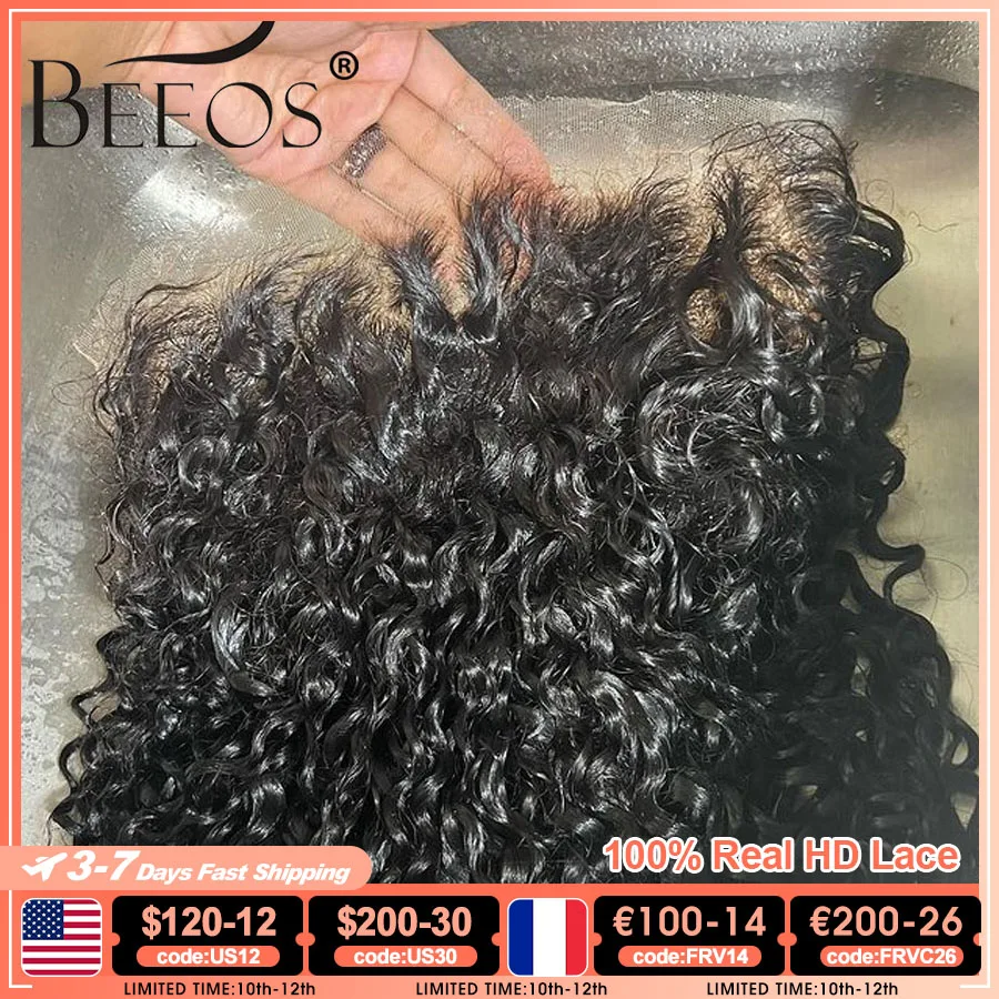 BEEOS Skinlike 13X6 HD Lace Frontal Only Water Wave Pre plucked 6X6 5x5 HD Lace Closure Only Brazilian Human Hair Deep Curly