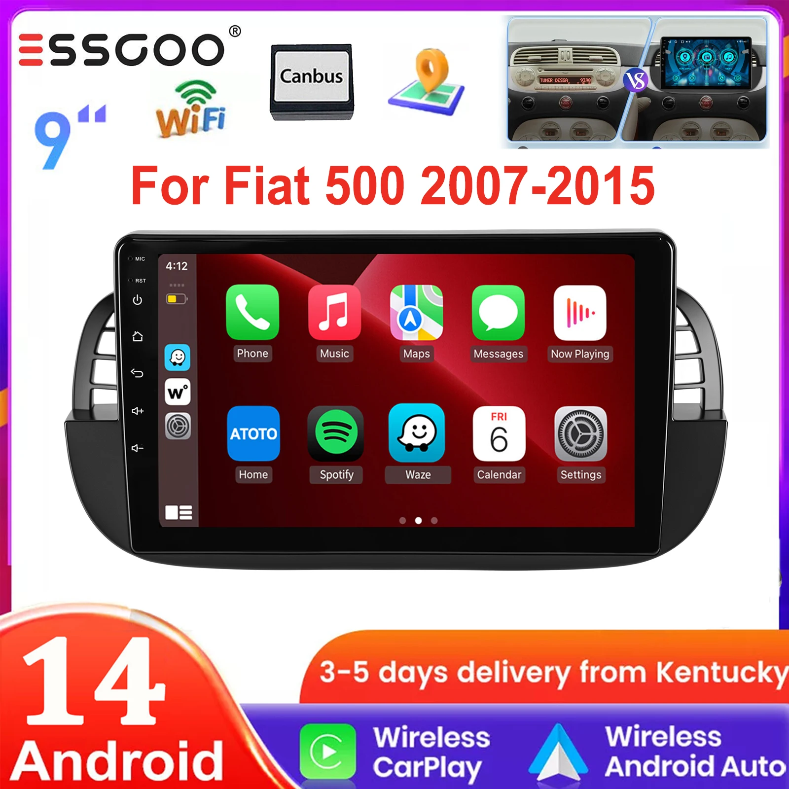 ESSGOO For Fiat " IPS Wireless Carplay Android Auto Car Stereo Multimedia Radio Android 14 GPS NAV WIFI SWC BT FM