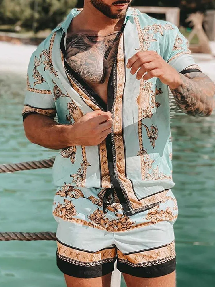 New Men Hawaiian Sets Summer Golden horse Printing Beach Short Sleeve Shirt Shorts Casual Trip Mens 2 Piece Suit S-3XL