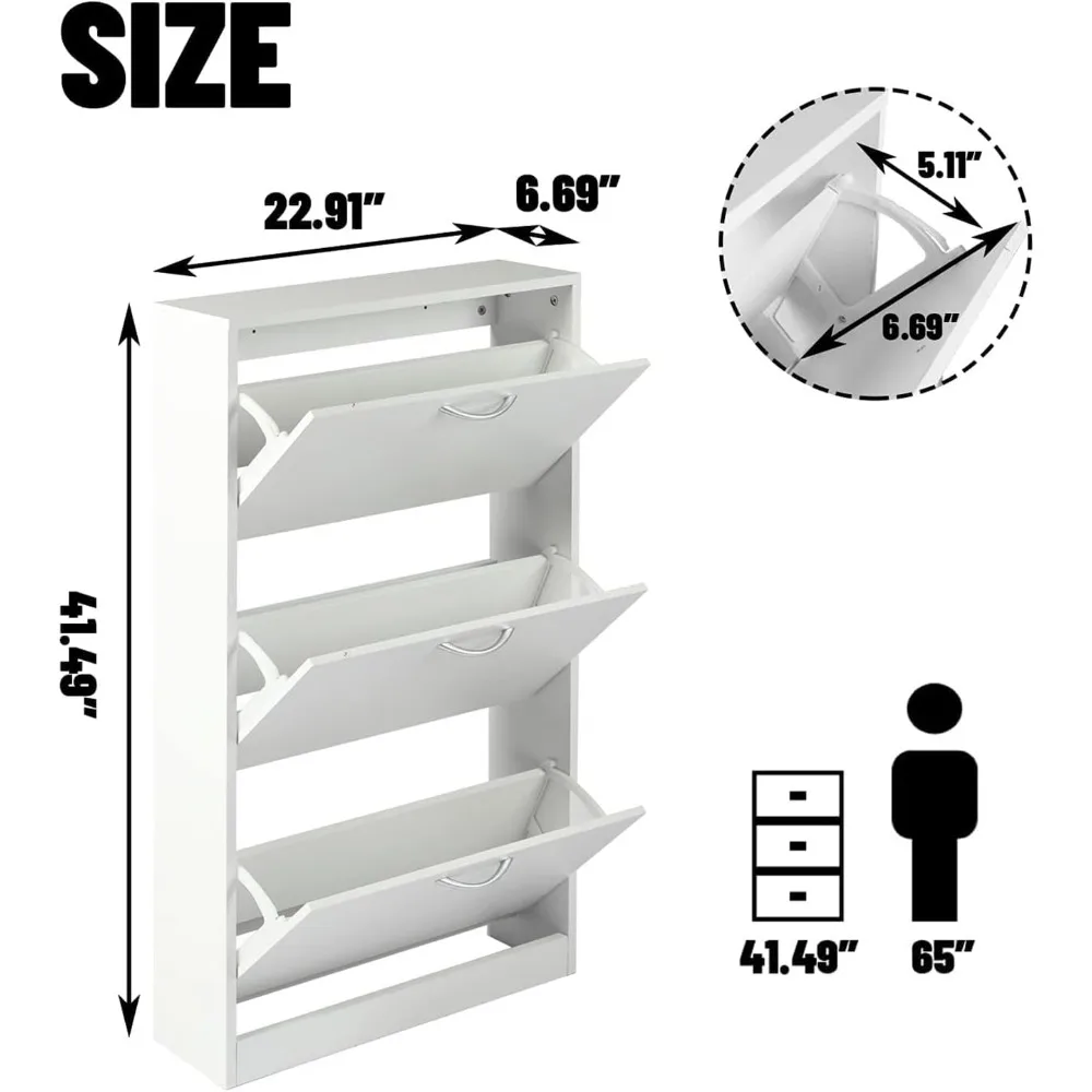 White Narrow Storage Cabinet Flip Down Shoe Rack Wood 3 Tier Shoe Organizer for Home and Apartment, Shoes Cabinets 3