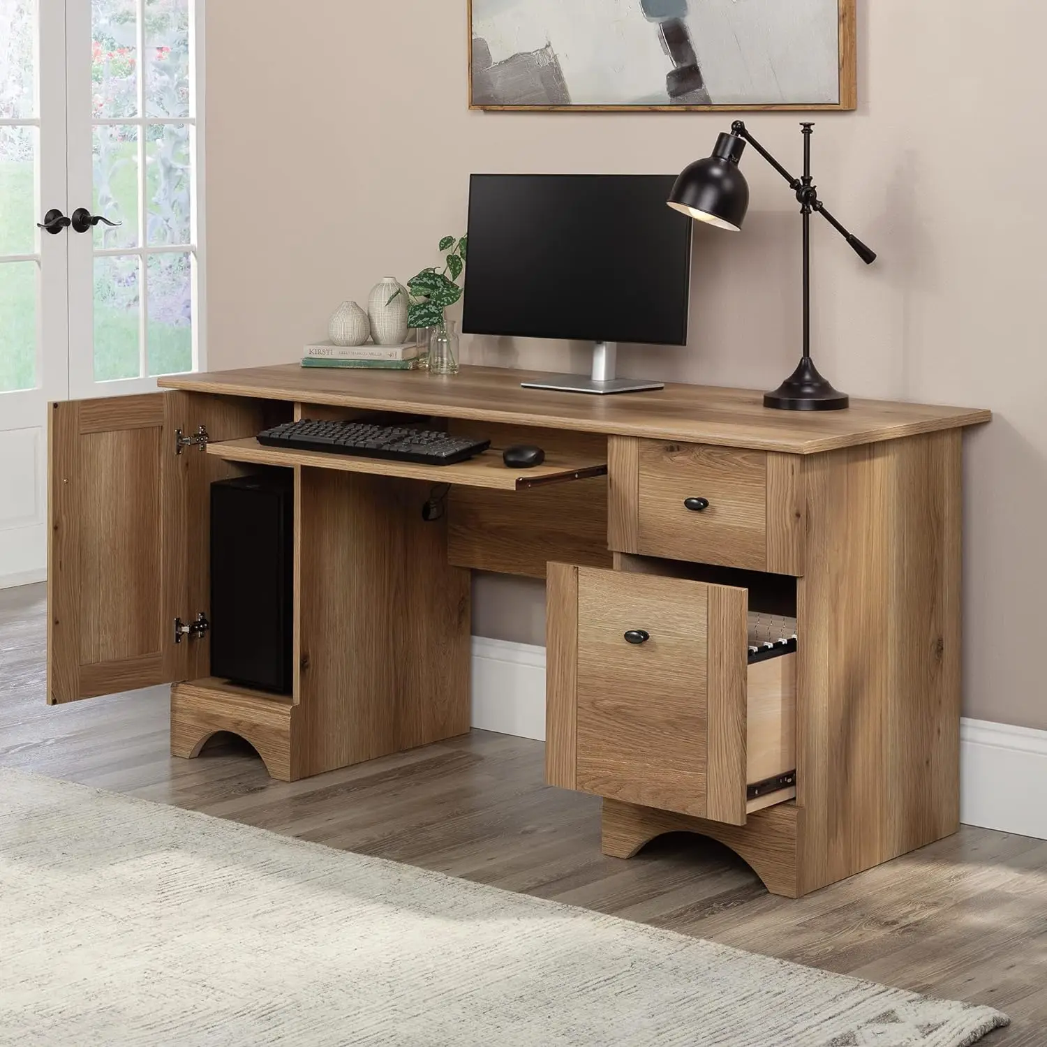 

Sauder Miscellaneous Office Computer Desk with Drawers, L: 59.45" x W: 23.47" x H: 29.02", Timber Oak