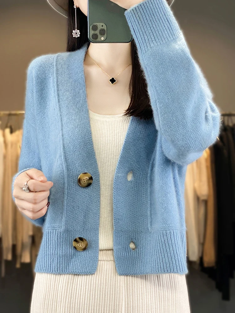 Addonee 여성용 V넥 가디건, 100% 메리노 울 스웨터, 빈티지 단색 긴팔 니트웨어, 한국 패션, 가을, 겨울