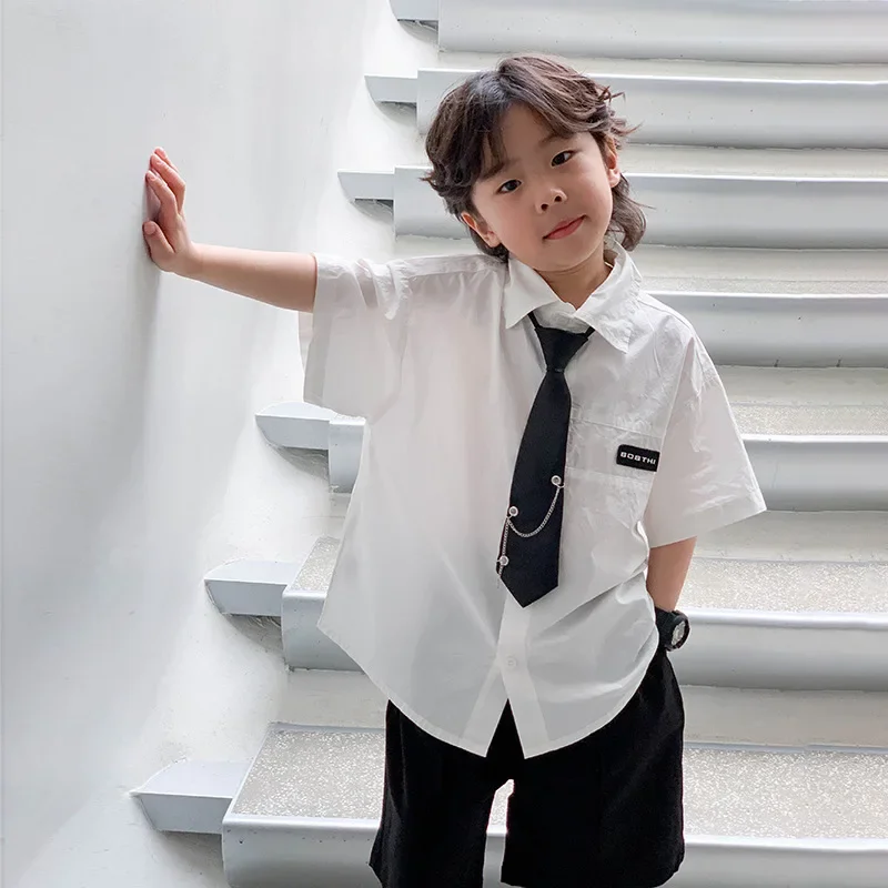 Boys' Loose Fit Short Sleeve Shirt Casual Korean Style Children's Clothing Summer Trendy Turn-down Collar Top