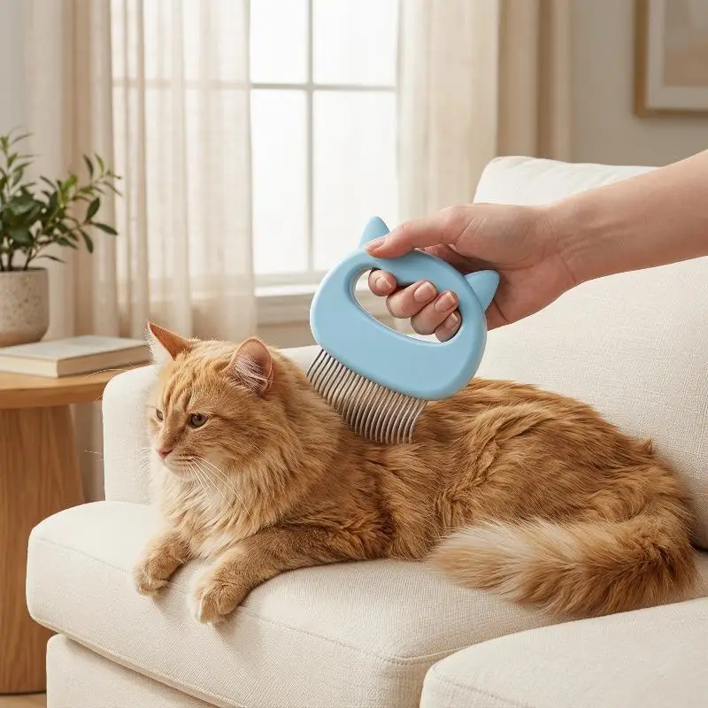 고양이 귀 모양 휴대용 손잡이가 있는 애완동물 마사지 및 엉킴 풀기용 그루밍 브러쉬