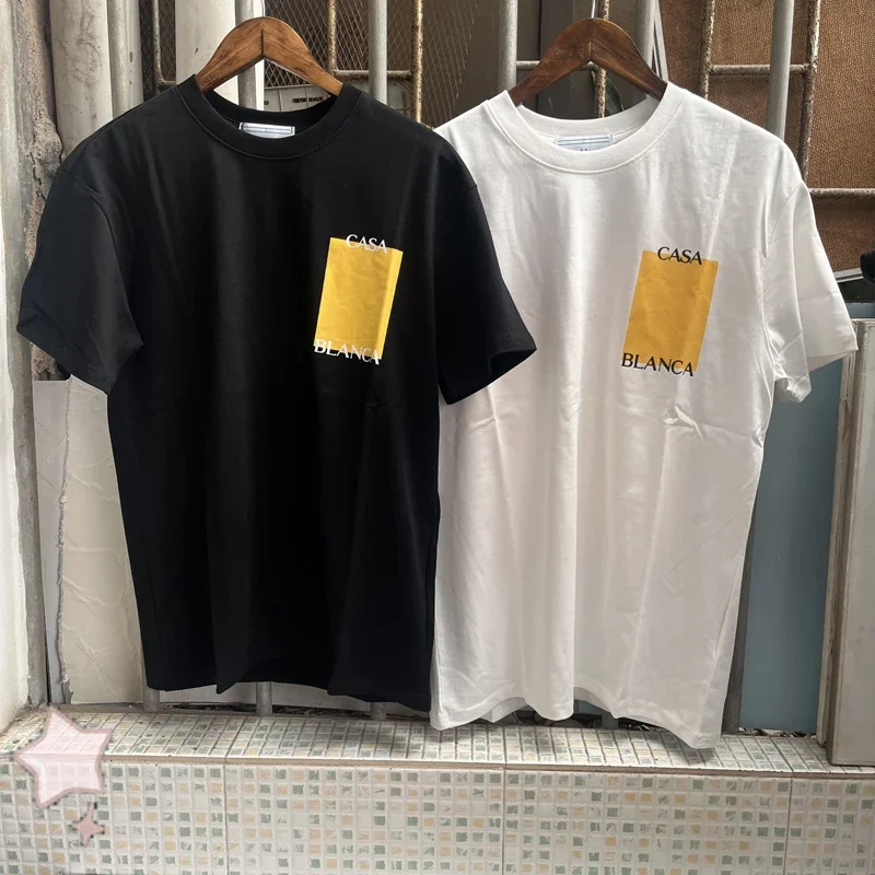 

Простая повседневная универсальная мужская и женская футболка с коротким рукавом, реальное фото, желтая футболка из хлопка с квадратным узором и буквенным принтом