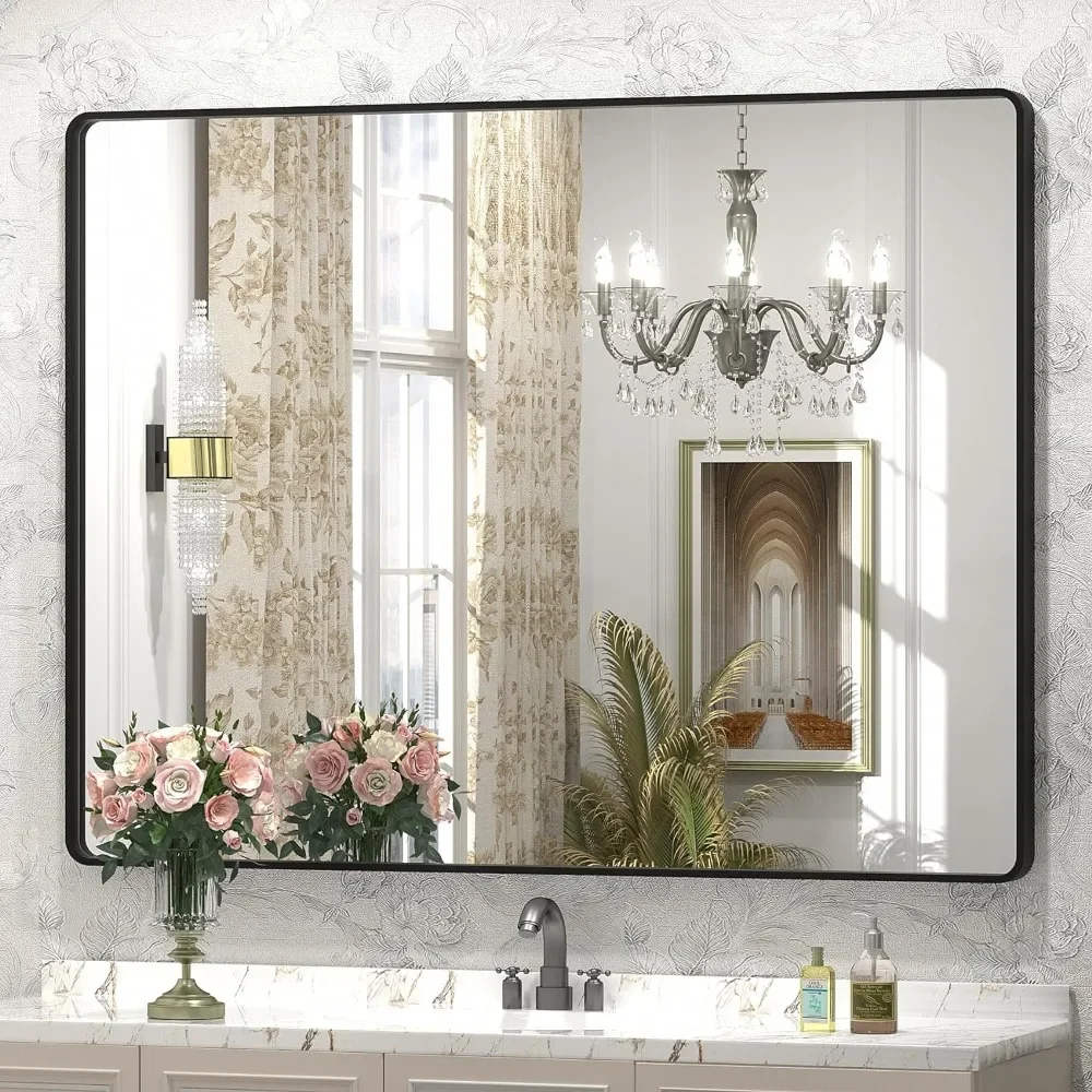 

48X32 Inch Rectangle Black Framed Mirror for Wall Rounded Corner Bath Mirrors Fixture Home