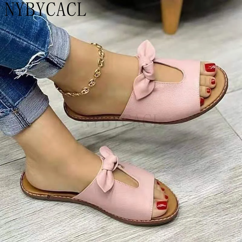 

2022 Women Butterfly-knot Casual Summer Slippers Female Fashion New Comfort Slides Ladies Open Toe Sewing Flat Plus Size 36-43