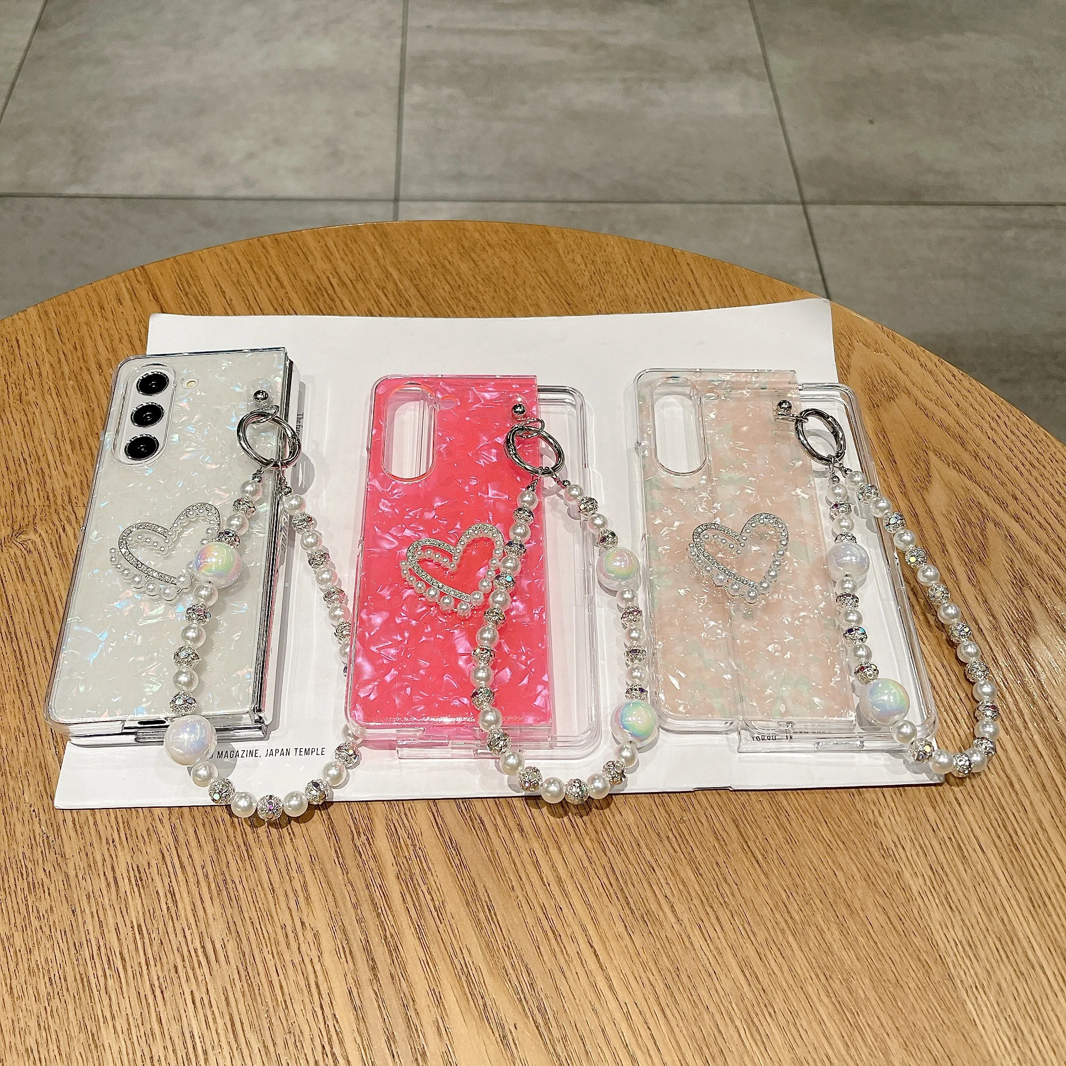Coque de téléphone avec chaîne de perles en forme de cœur, étui à la mode pour Samsung Galaxy Z Fold 3 4 5 6_voghion.com
