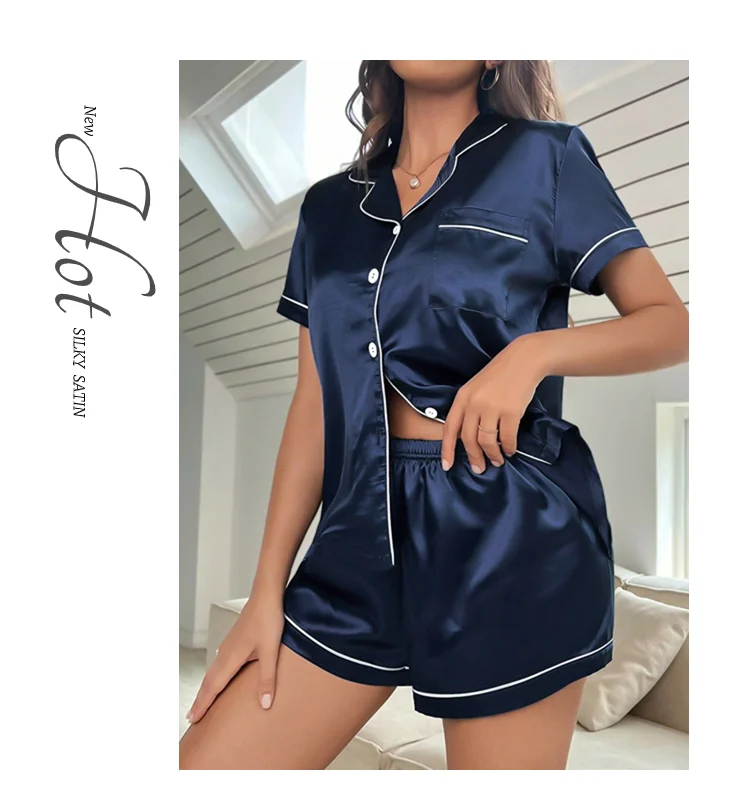 Sommer-Pyjama-Set aus Seidensatin für Damen, Oberteil und Shorts mit Knopfleiste, 2-teilig, Nachtwäsche, gekerbter Kragen, Nachtwäsche, Loungewear für Damen – Detail 6