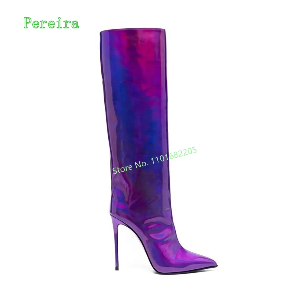 

Purple Stiletto Knee High Boot 2022 Winter Solid Glossy Pointed Toe Fashion Party Shoes For Women Items With Free Shipping