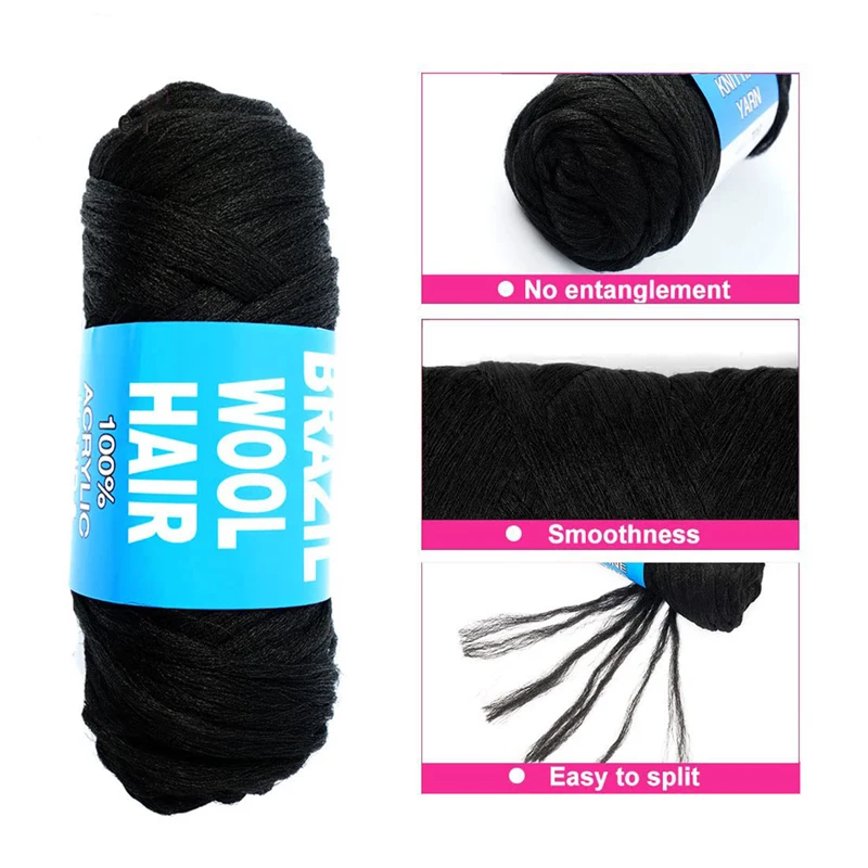70g/roll Black Brazilian Wool Hair Synthetic Pre Stretched African Hair Yarn for Braiding Hair Extension for Women Black 3
