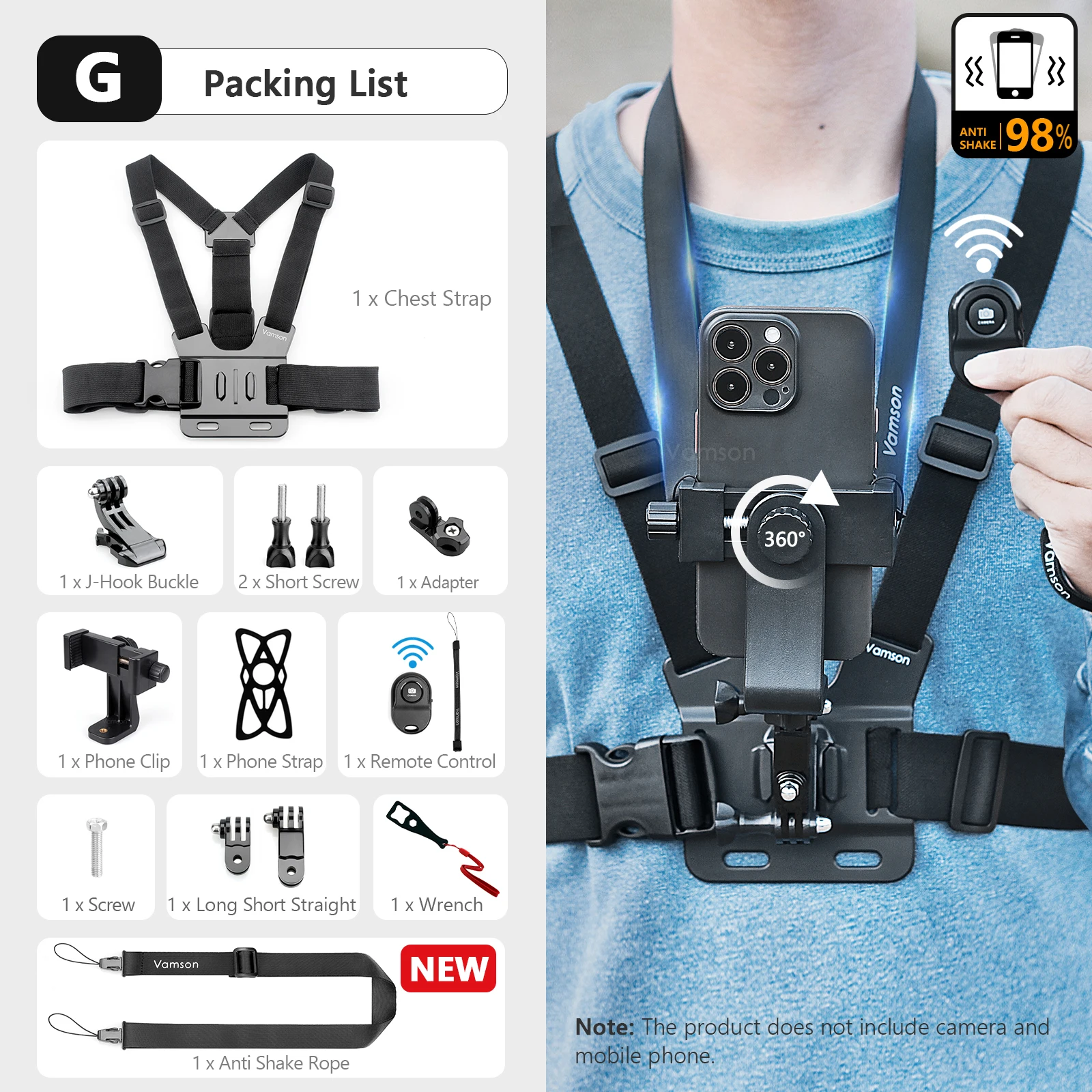 Vamson Chest Strap Rotating Phone Mount & Body Harness Holder for Smartphones and Action Cameras
