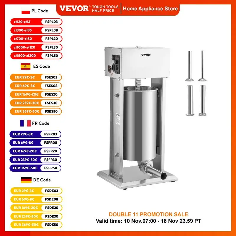 VEVOR Electric Stuffer,15L 260W Vertical Sausage Stuffer w/Speed Stepless, 304 Stainless Steel Sausage Machine w/4 Stuffing Tube