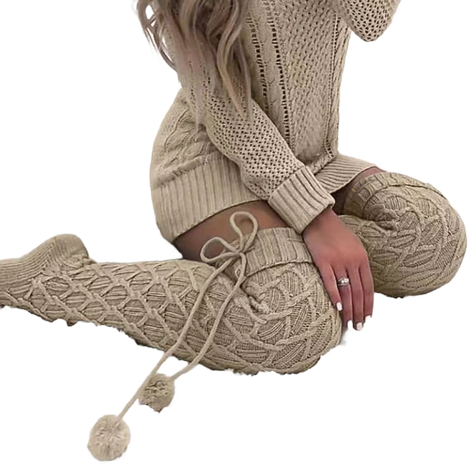 1 Pair Leg Warmers Knitted Lace-up Pompoms Over Knee Stretchy Soft Keep Warm Solid Color Autumn Winter Women Boot Stockings
