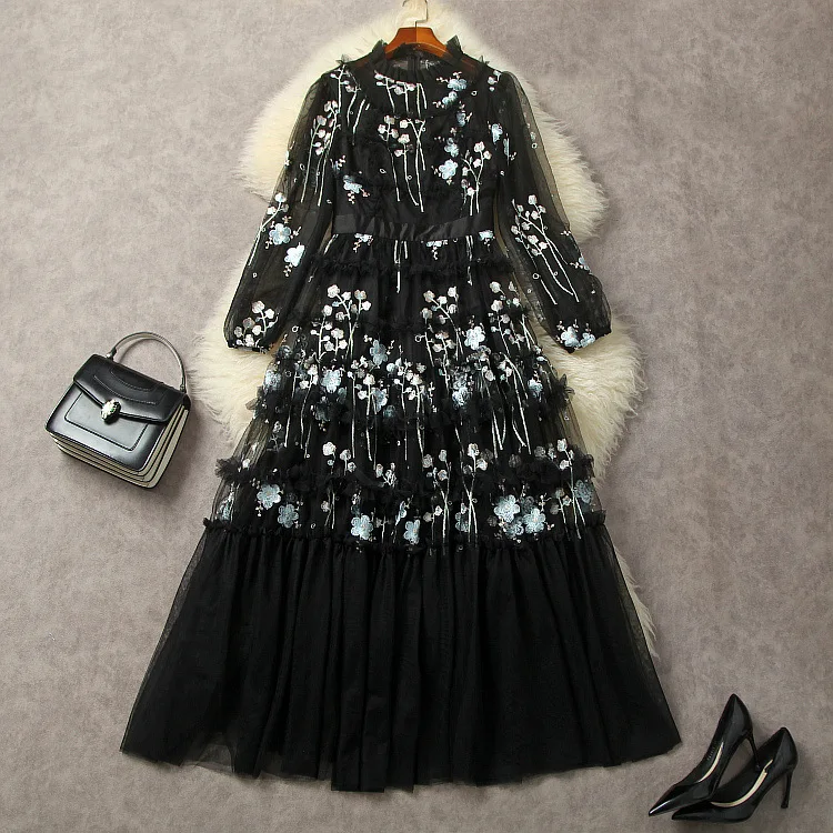 

European and American women's clothing 2023 autumn new Long sleeve stand collar embroidered with black gauze fashion Dress XXL