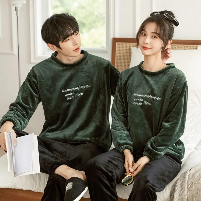 2024 new Autumn Winter sleepwear Couples' Flannel Long sleeved Pajamas Men Women Thickened Warm Coral Fleece Homewear set