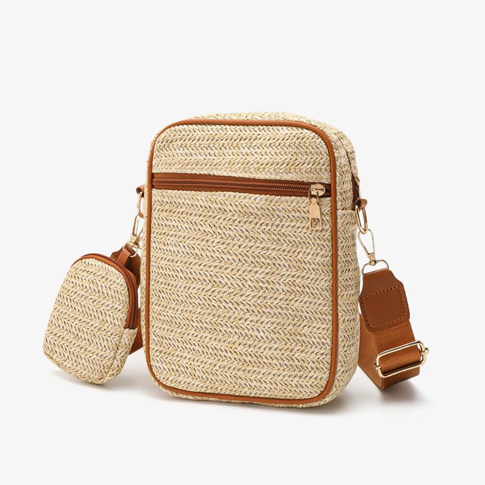 Boho Straw Crossbody Sling Bags Women Fashion Versatile Guitar Strap Weaving Shoulder Bag Female Casual Vintage Handbags
