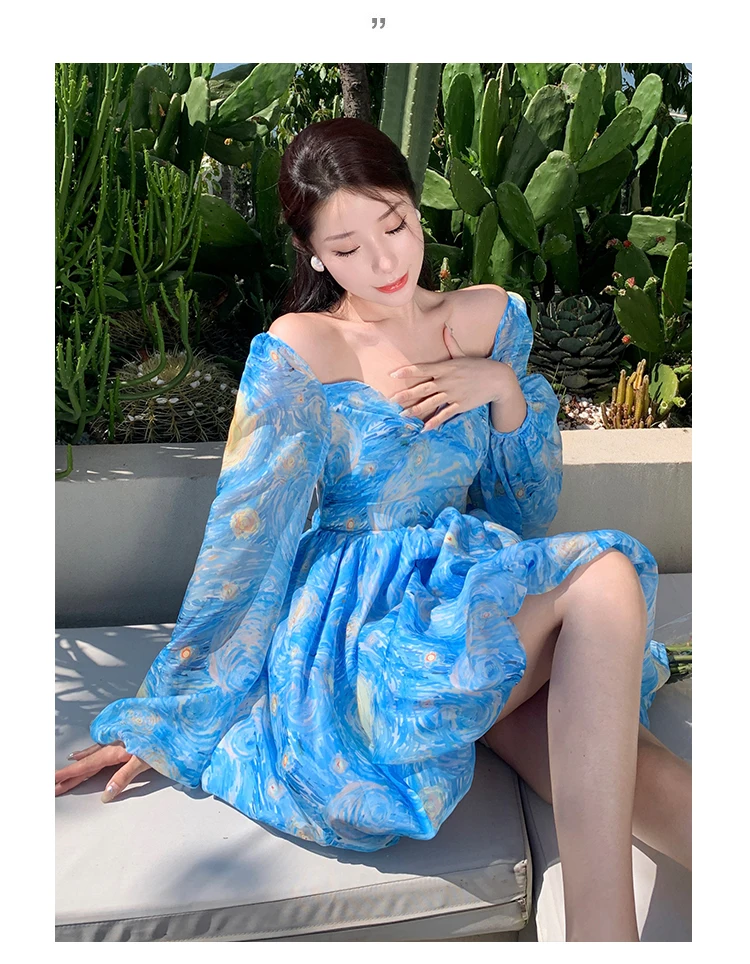 Elegant Printed Short Dresses for Women Backless Holiday Beach Style Lantern Sleeves A-line Floral Mini One Piece Vestido Mujer