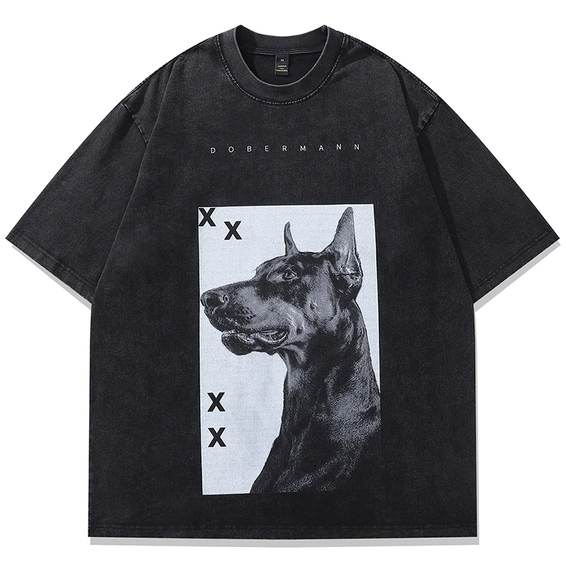 

Summer Mens Oversized Washed Tshirts Hip Hop Doberman Dog Graphic T-Shirt Streetwear Harajuku Vintage Casual Cotton Tops Tees