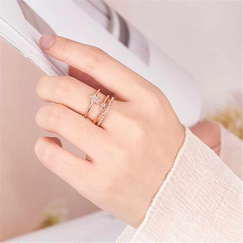 

925 Sterling Silver Multi-layer Zircon Star Opening Ring for Women Lady Resizable Sweet Temperament Wedding Party Fine Jewelry