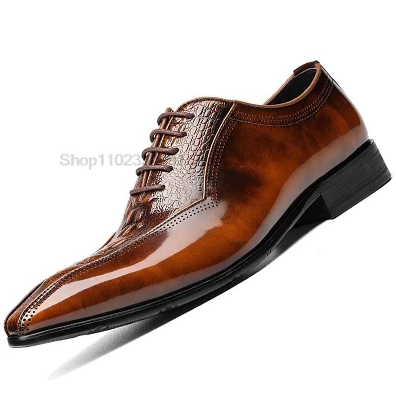 

Fashion Men Dress Genuine Leather Shoes Snake Skin Prints Classic Black Brown Lace Up Pointed Italian Men Oxford Formal Shoes