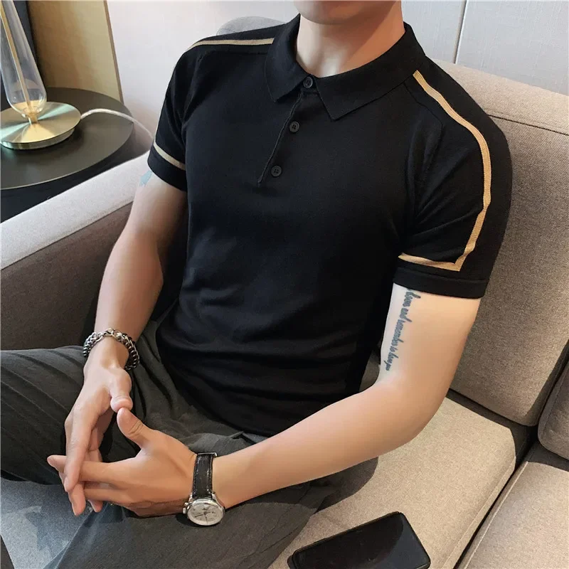 

Summer Fashion New High-end Color Splicing Stripe Slim Stretch Knitted Ice Silk Quick-drying Top Men's Short-sleeved POLO Shirt