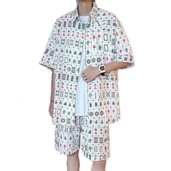 Daily Men Sets Short Sleeve Hawaiian Shirt And Shorts Chinese Mahjong Printing Casual Shirts Beach Two Pieces Suit Fashion Wear