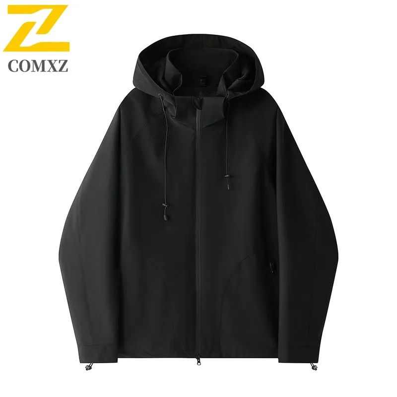 COMXZ Men Biker Jacket Soft Shell Hooded Windproof Outdoor Hunting Camping Coat Climbing Minimalist Scratch Resistant Outerwear