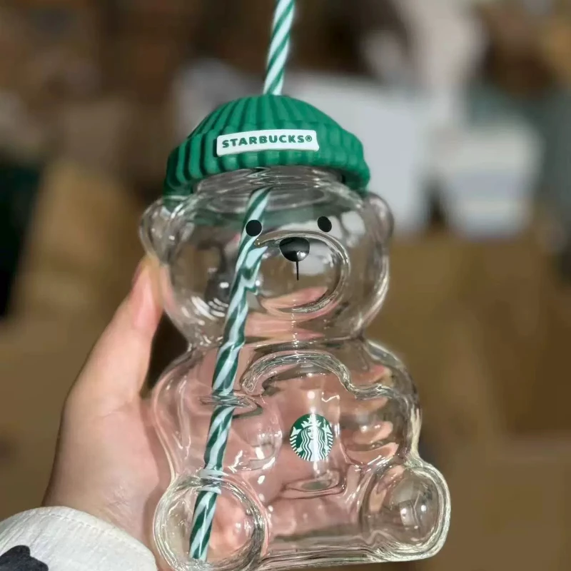 Bearista Bear Straw Tumbler - 591ml Clear Glass with Green Lid