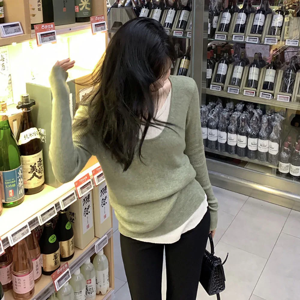 Women V Neck Long Sleeve Knitted Sweaters