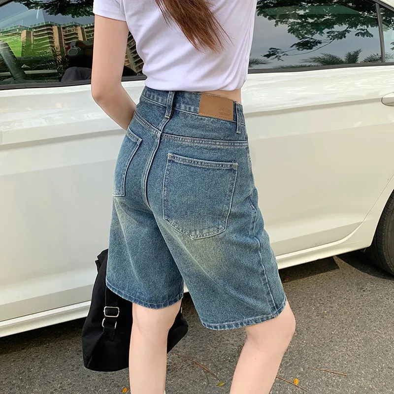 여성용 하이웨이스트 루즈핏 데님 반바지, 슬림한 캐주얼 와이드 레그, 5 포인트, 블루 무릎 바지, 여름 신상