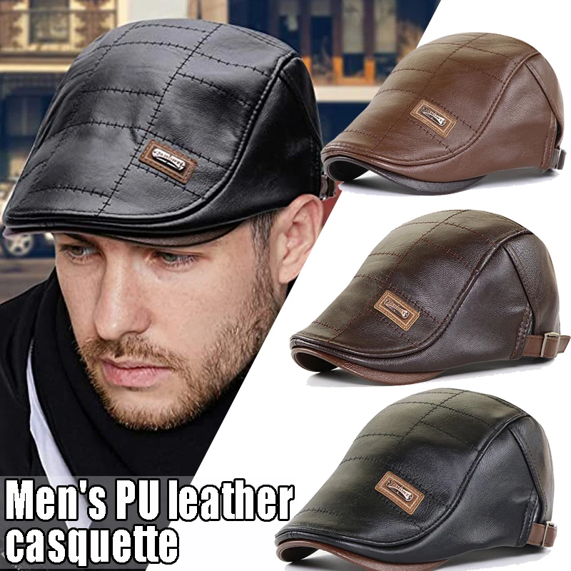 Spring Summer Men Fashion Retro PU Leather Beret Hats Leather Beret Hat Middle-aged Men's Visor Warm Flat Peaked Cap Adjustable