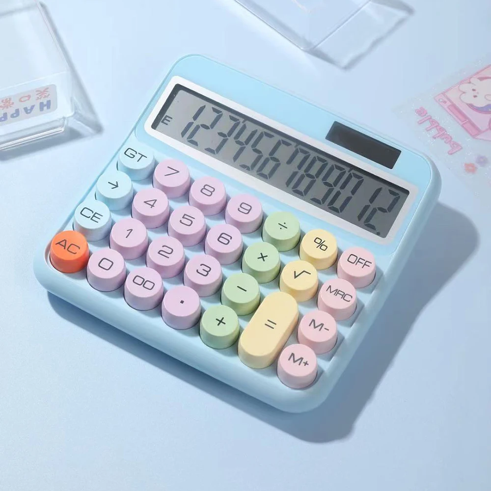 기계식 계산기 12자리 대형 LCD 디스플레이 큰 원형 버튼 15 ° 틸트 스크린 귀여운 캔디 컬러 듀얼 전원 공급 장치 계산기