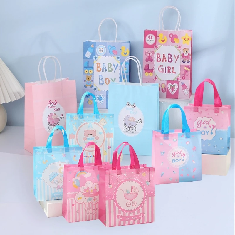 4 Stück Baby-Shower Kraftpapiertüten Rosa Blau Vlies-Geschenkverpackungstüten für Kekse Süßigkeiten Geschlechtsoffenbarung Geburtstagsparty Gastgeschenke