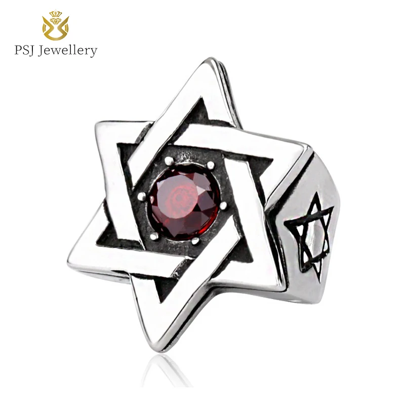 

PSJ Jewelry Vintage Style Hexagram Shaped Red Round Cubic Zircon Inlay Titanium Stainless Steel Rings for Men